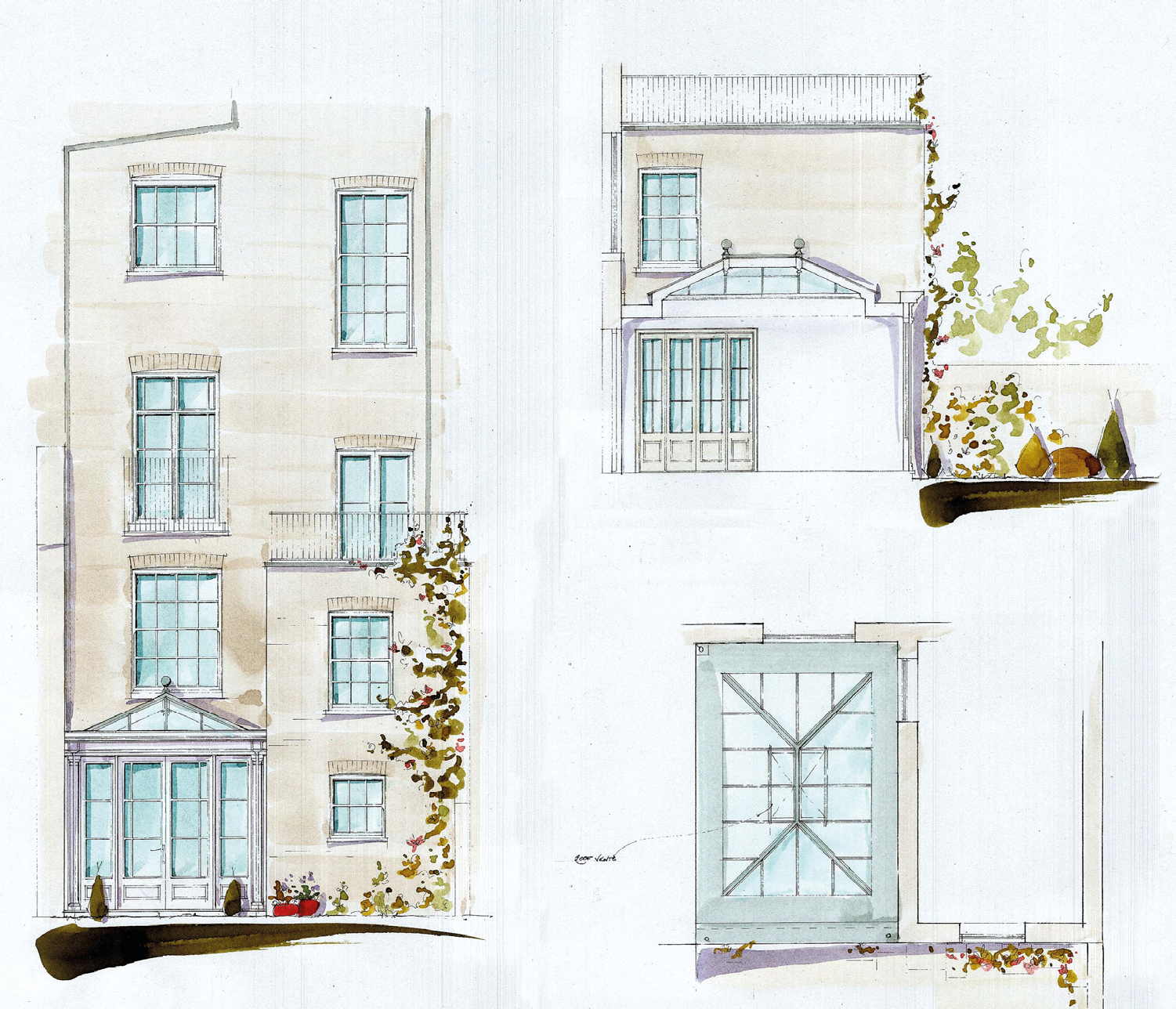 Conceptual watercolour drawing of a orangery
