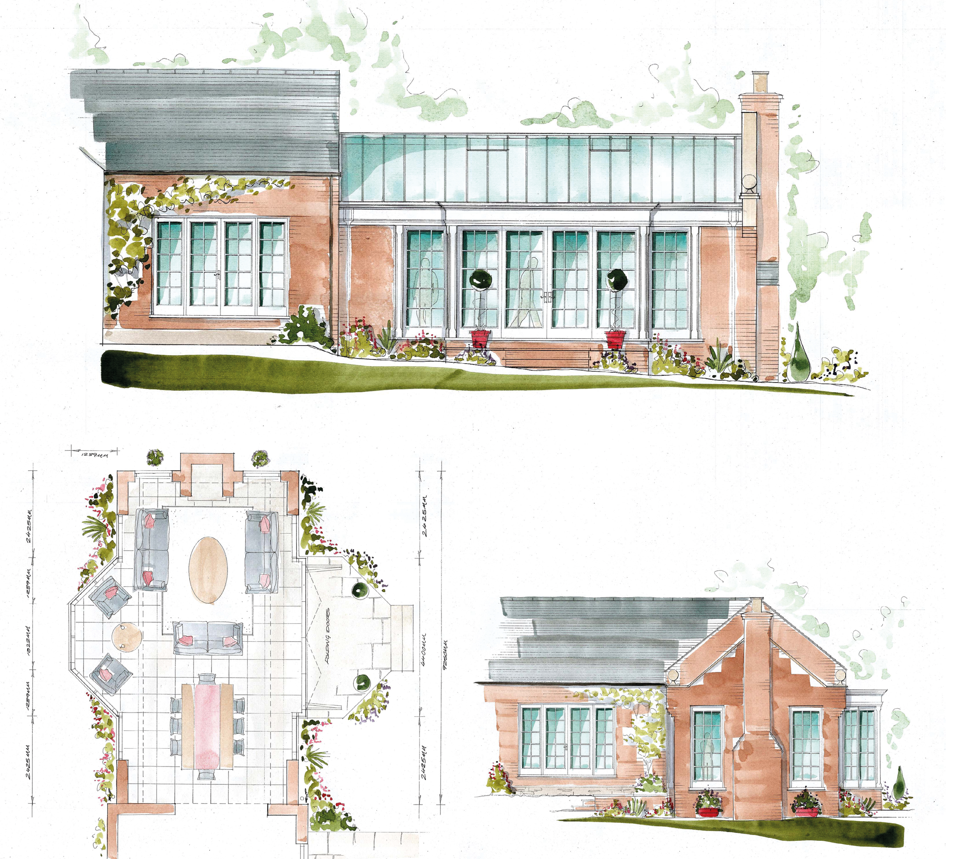 Conceptual watercolour drawing of a orangery