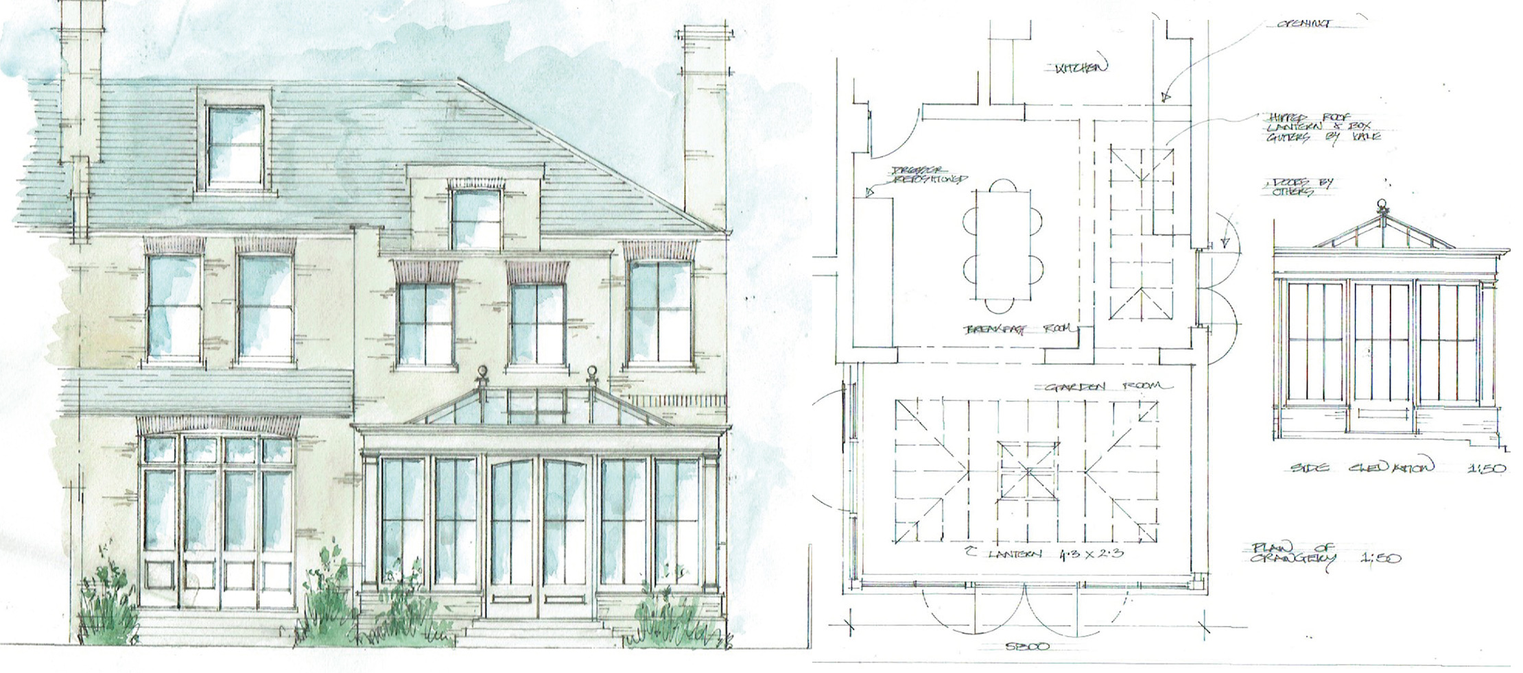 Conceptual watercolour drawing of a orangery