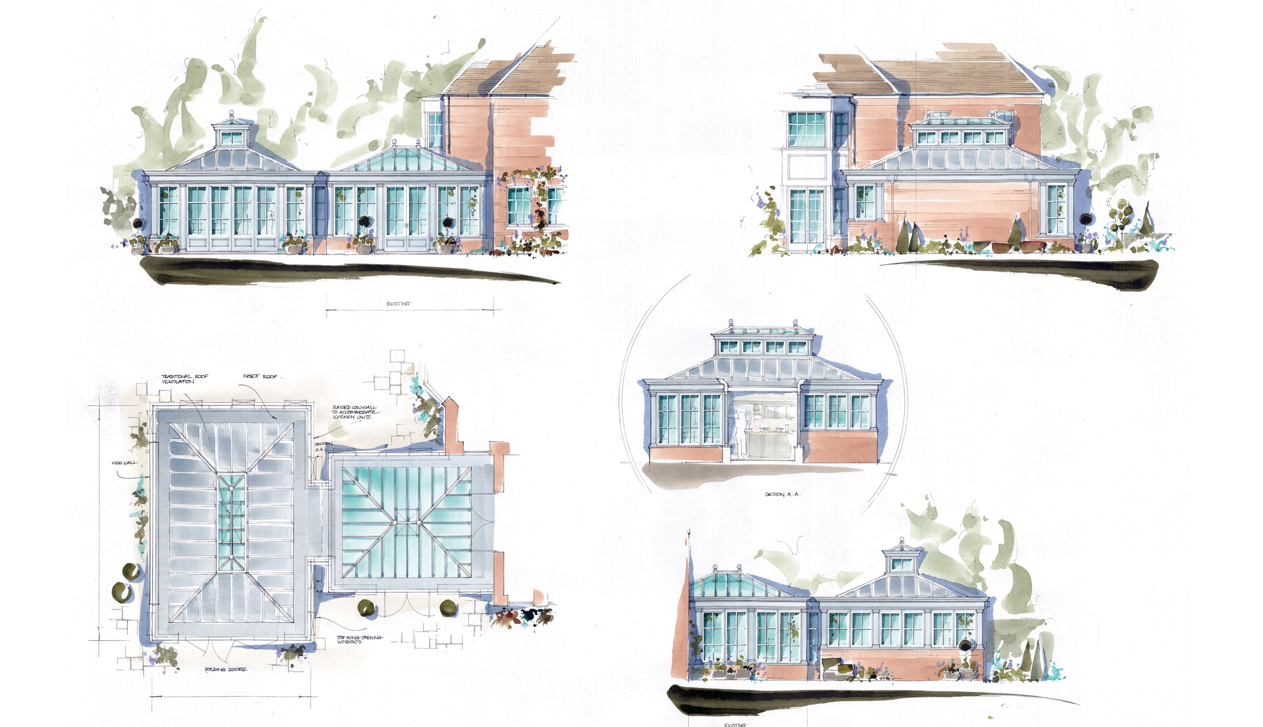 Conceptual watercolour drawing of a orangery