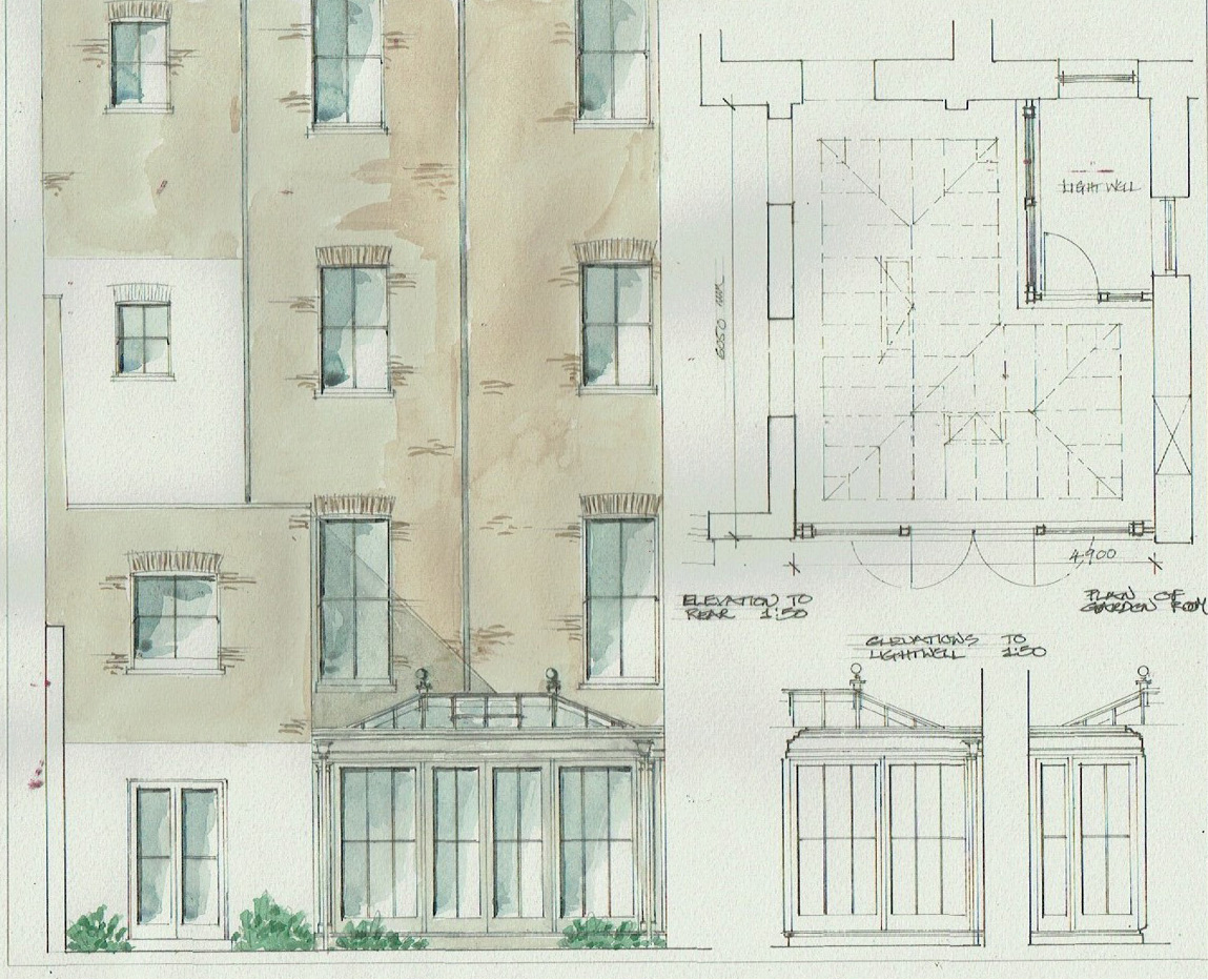 Conceptual watercolour drawing of a orangery