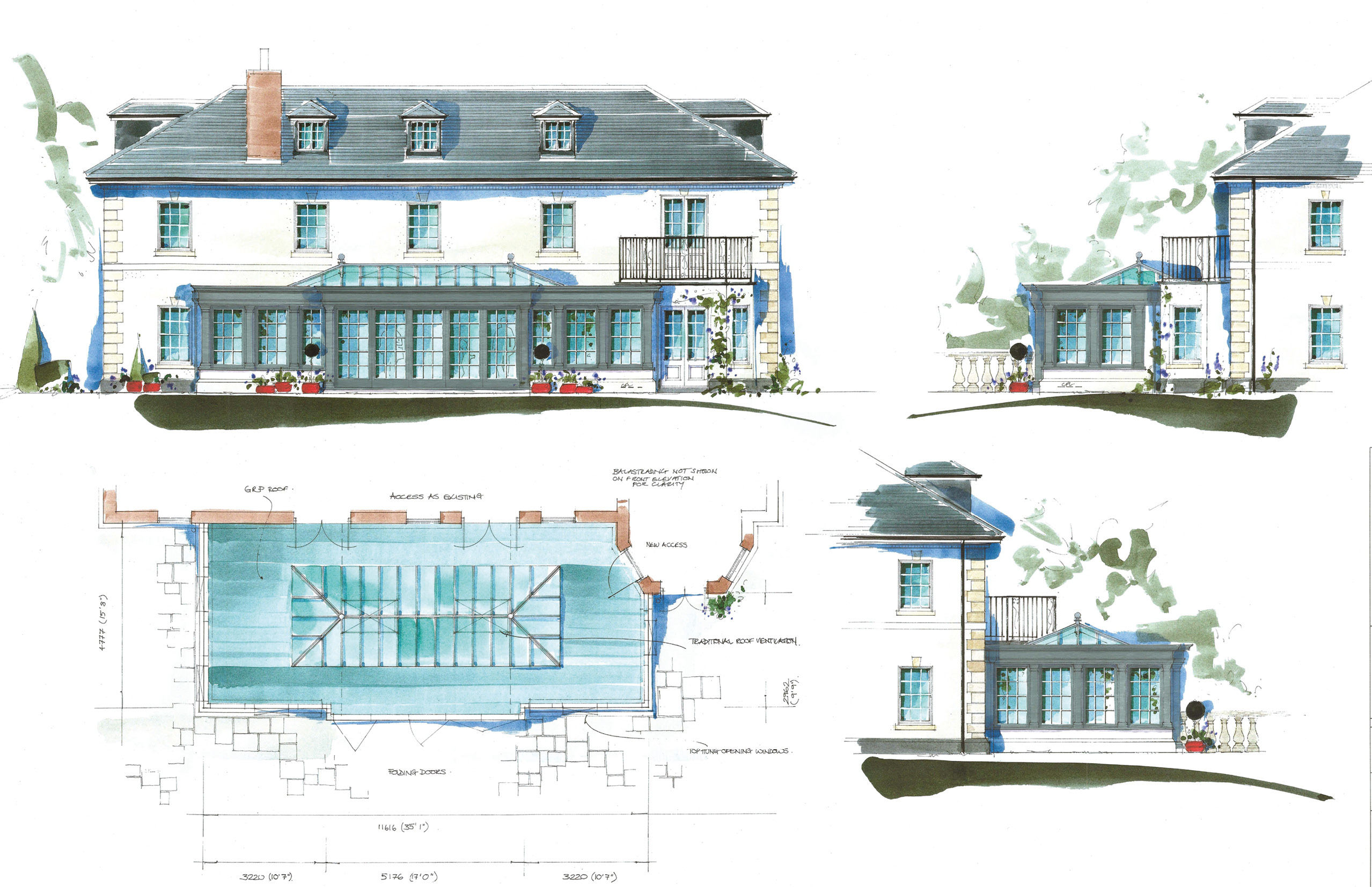Conceptual watercolour drawing of a orangery