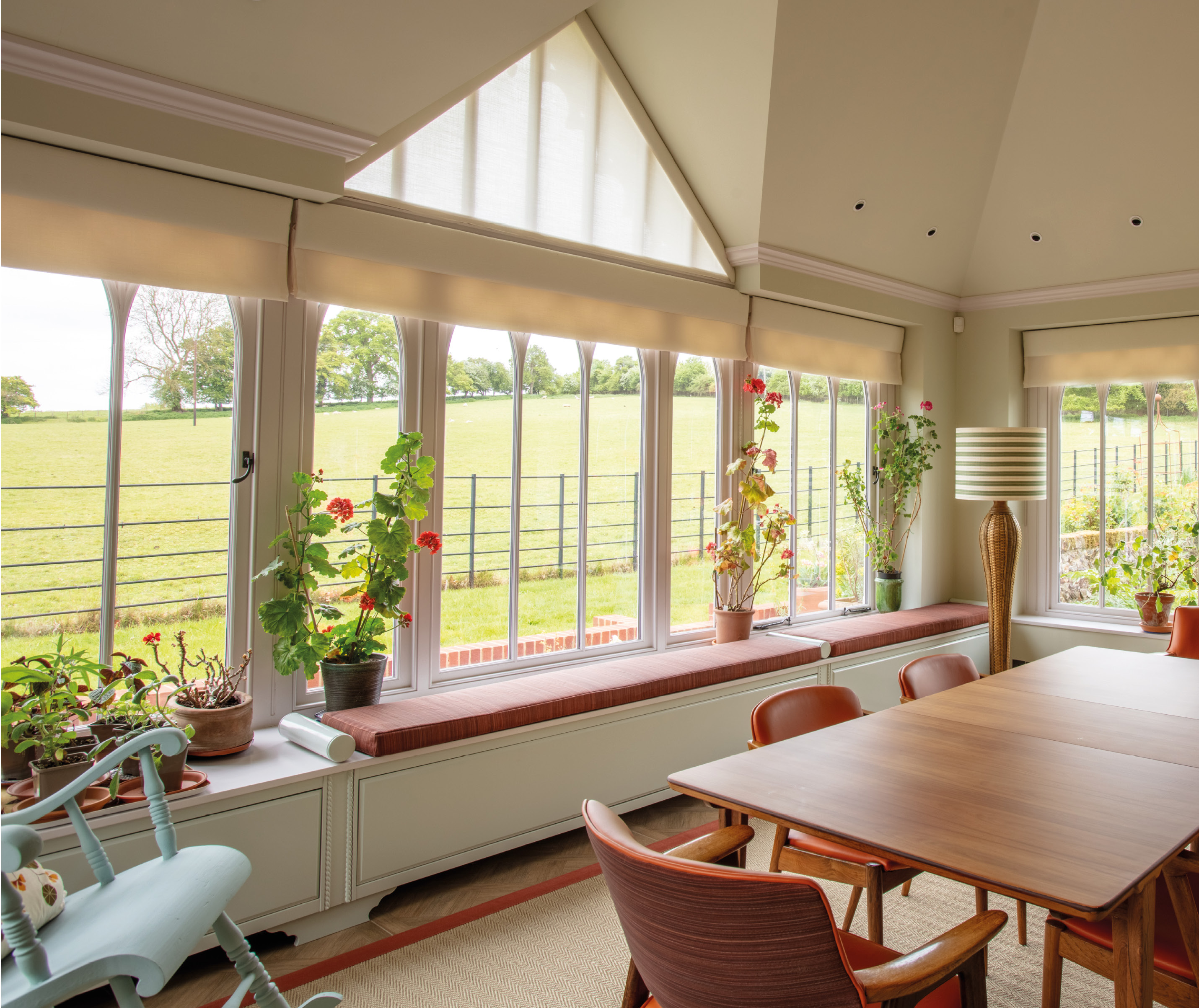 Built in window seating in garden room