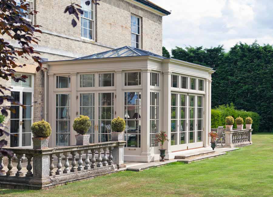 Example of how an orangery has a different roof to a conservatory