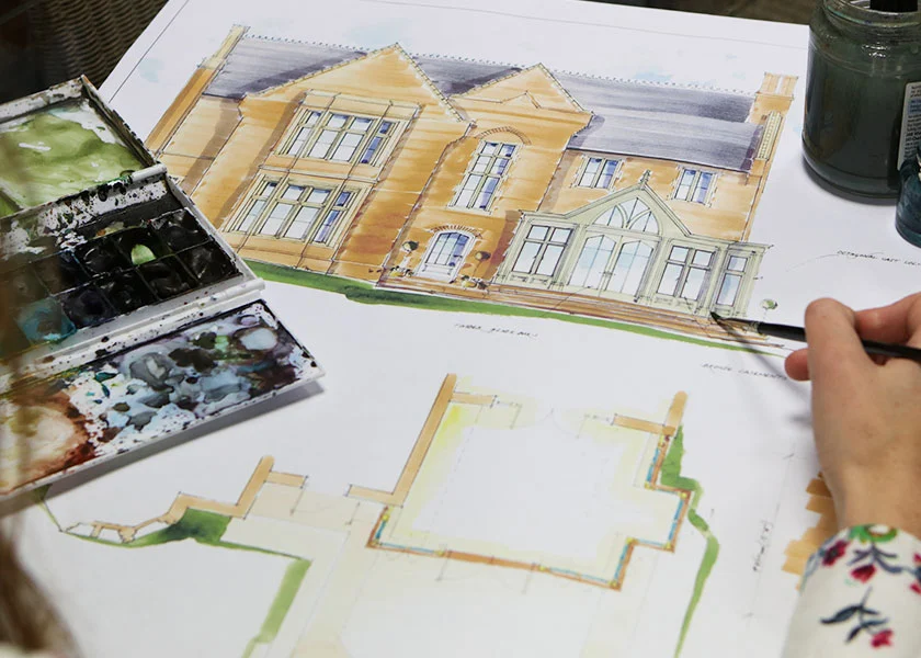 Hand-painted architectural watercolour showing the proposed design of a bespoke conservatory extension